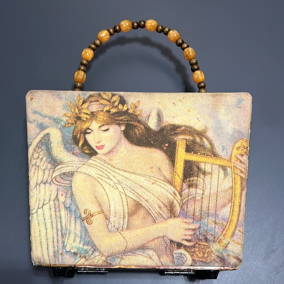 Very cool Vintage Cigar Box Bag beaded angel playing harp image wood bead handle - Picture 2 of 9